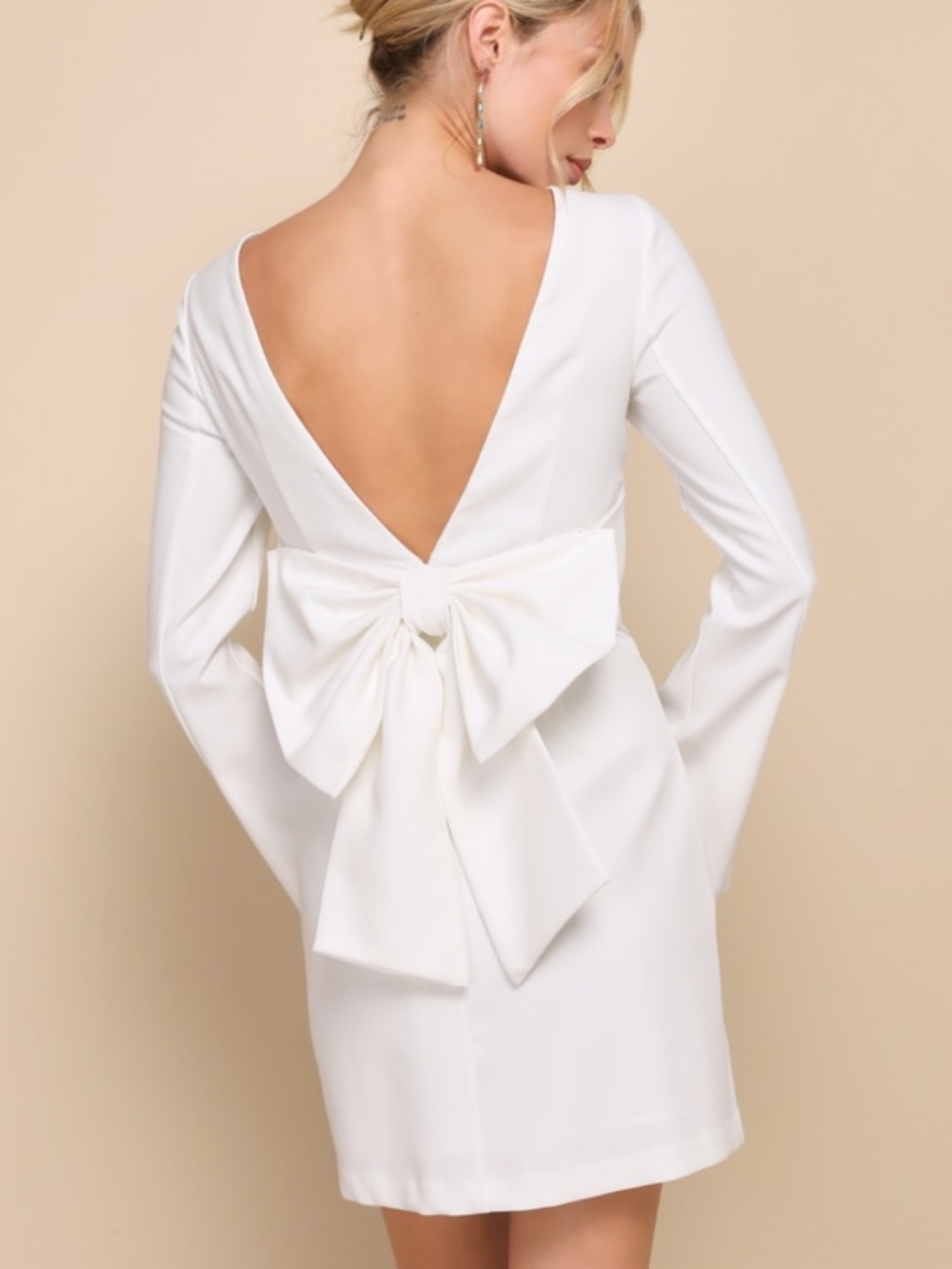 Lulus Elegant Cutie Ivory Bow Long Sleeve Backless Mini Dress White - Size XS